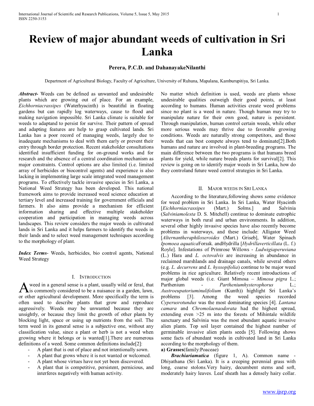 Review of Major Abundant Weeds of Cultivation in Sri Lanka