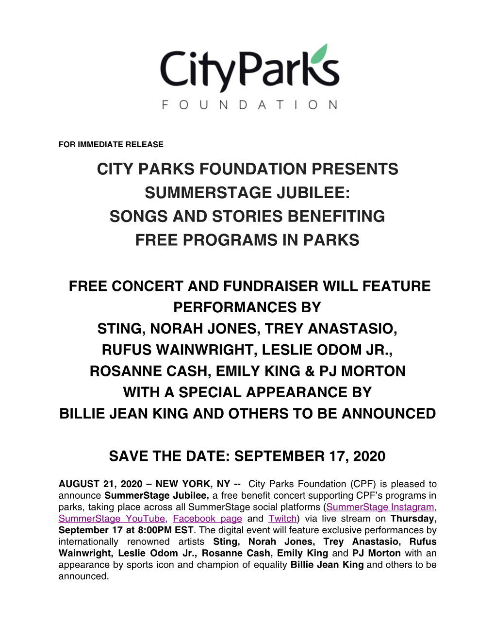 City Parks Foundation Presents Summerstage Jubilee: Songs and Stories Benefiting Free Programs in Parks