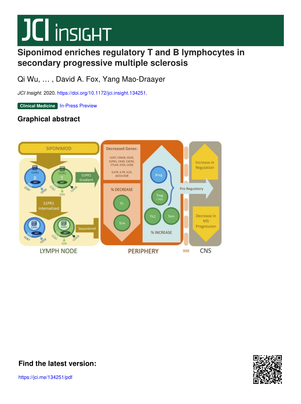 Siponimod Enriches Regulatory T and B Lymphocytes in Secondary Progressive Multiple Sclerosis