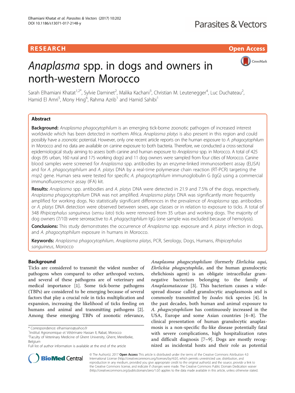 Anaplasma Spp. in Dogs and Owners in North-Western Morocco Sarah Elhamiani Khatat1,2*, Sylvie Daminet2, Malika Kachani3, Christian M