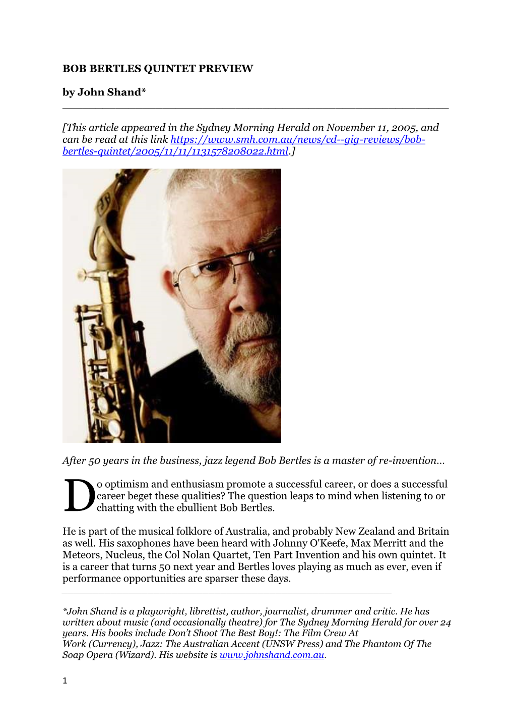 BOB BERTLES QUINTET PREVIEW by John Shand* ______