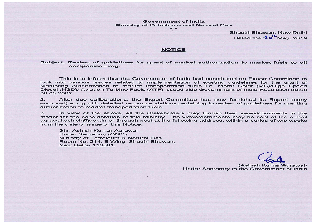 Report of the Expert Committee to Review Guidelines for Granting Authorisation to Market Transportation Fuels
