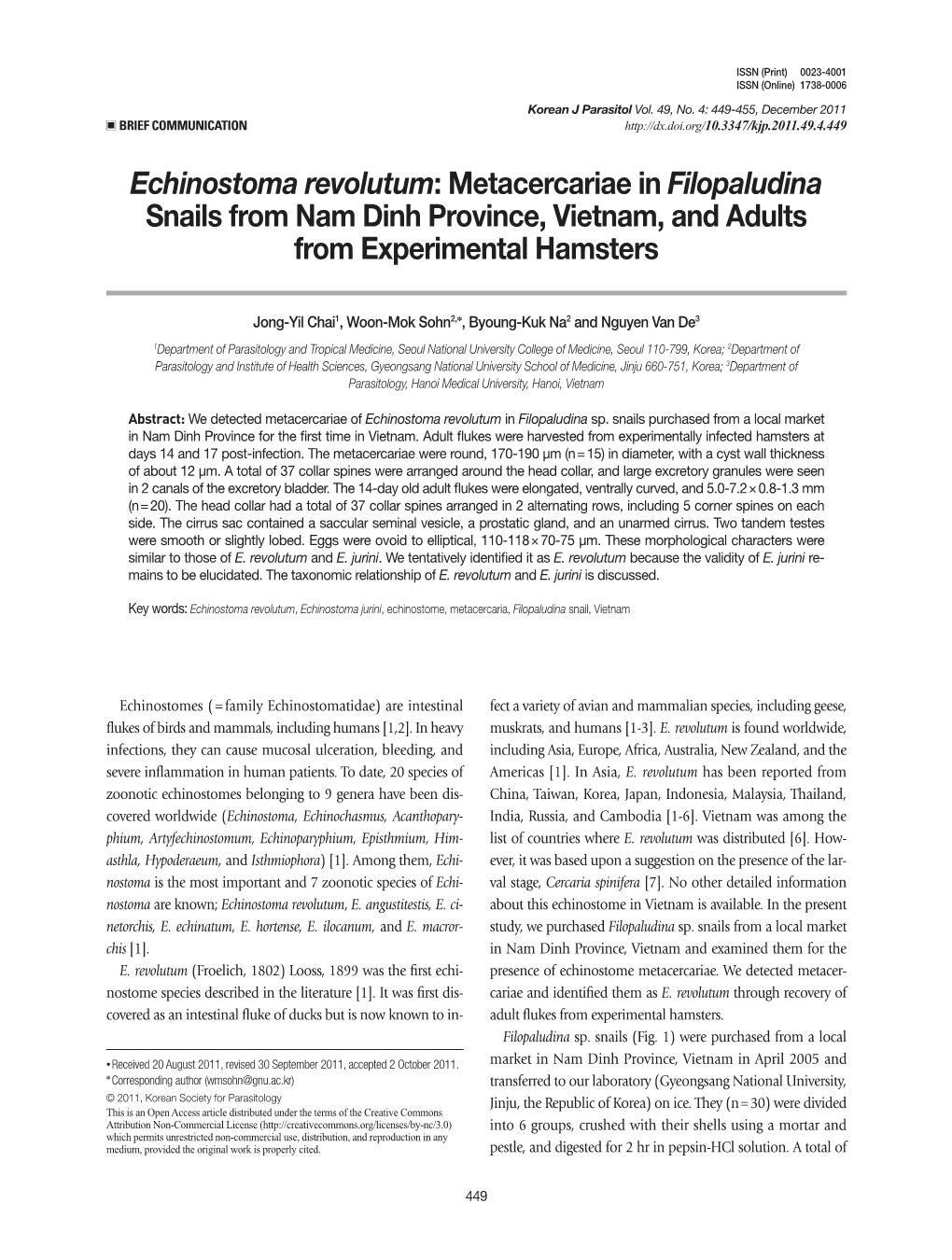 Echinostoma Revolutum: Metacercariae in Filopaludina Snails from Nam Dinh Province, Vietnam, and Adults from Experimental Hamsters