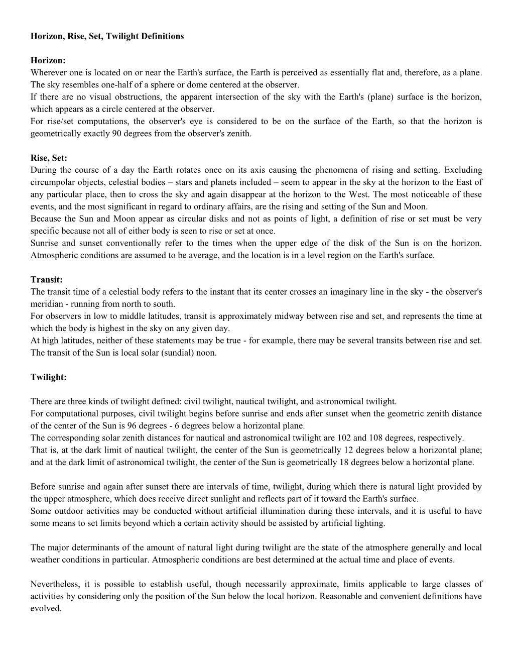 Horizon, Rise, Set, & Twilight Definitions