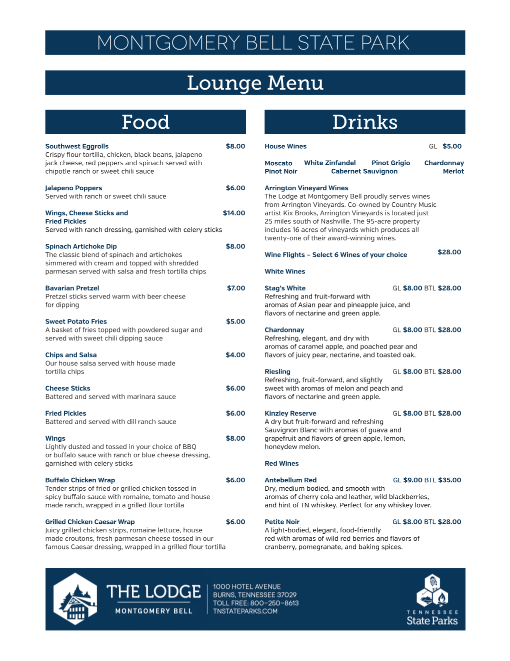 Lounge Menu Food Drinks