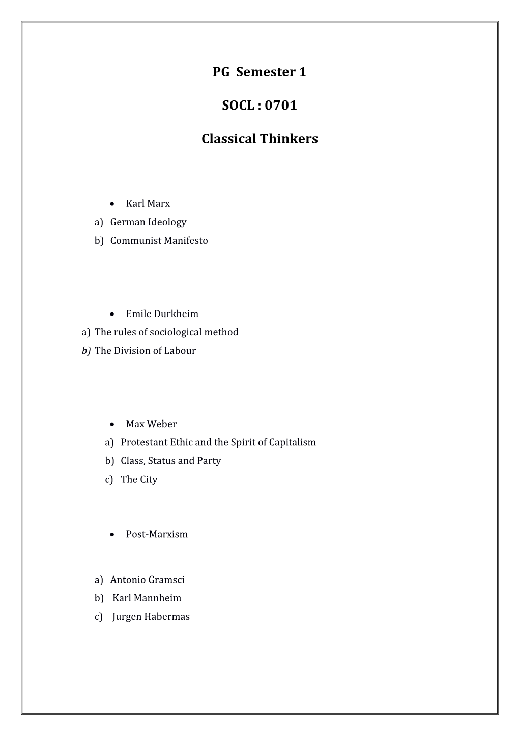 PG Semester 1 SOCL : 0701 Classical Thinkers