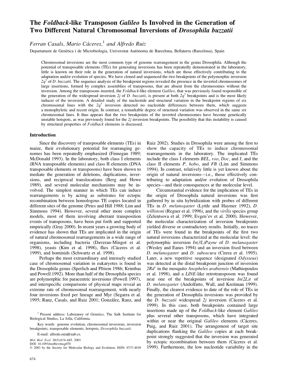 The Foldback-Like Transposon Galileo Is Involved in the Generation of Two Different Natural Chromosomal Inversions of Drosophila Buzzatii