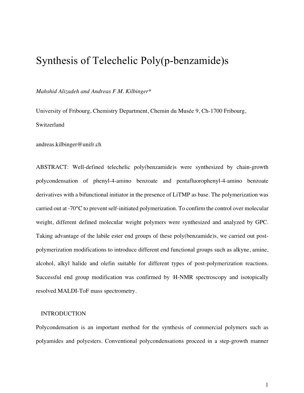 Synthesis of Telechelic Poly(P-Benzamide)S