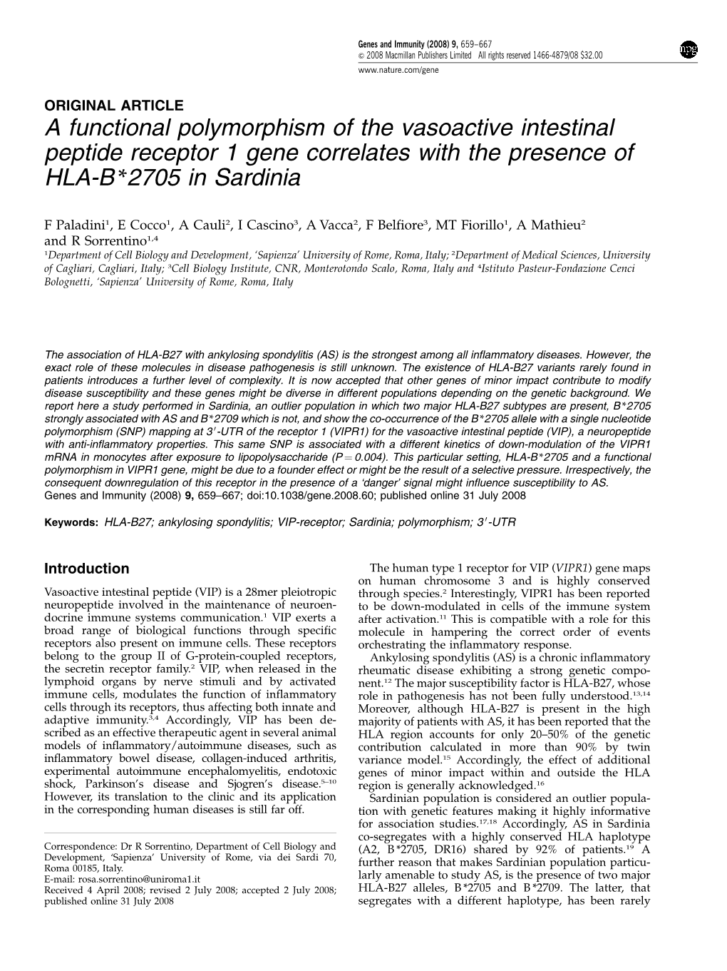 A Functional Polymorphism of the Vasoactive Intestinal Peptide Receptor 1 Gene Correlates with the Presence of HLA-B *2705 in Sardinia