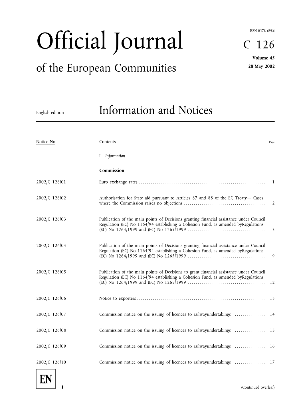 Official Journal C 126 Volume 45 of the European Communities 28 May 2002