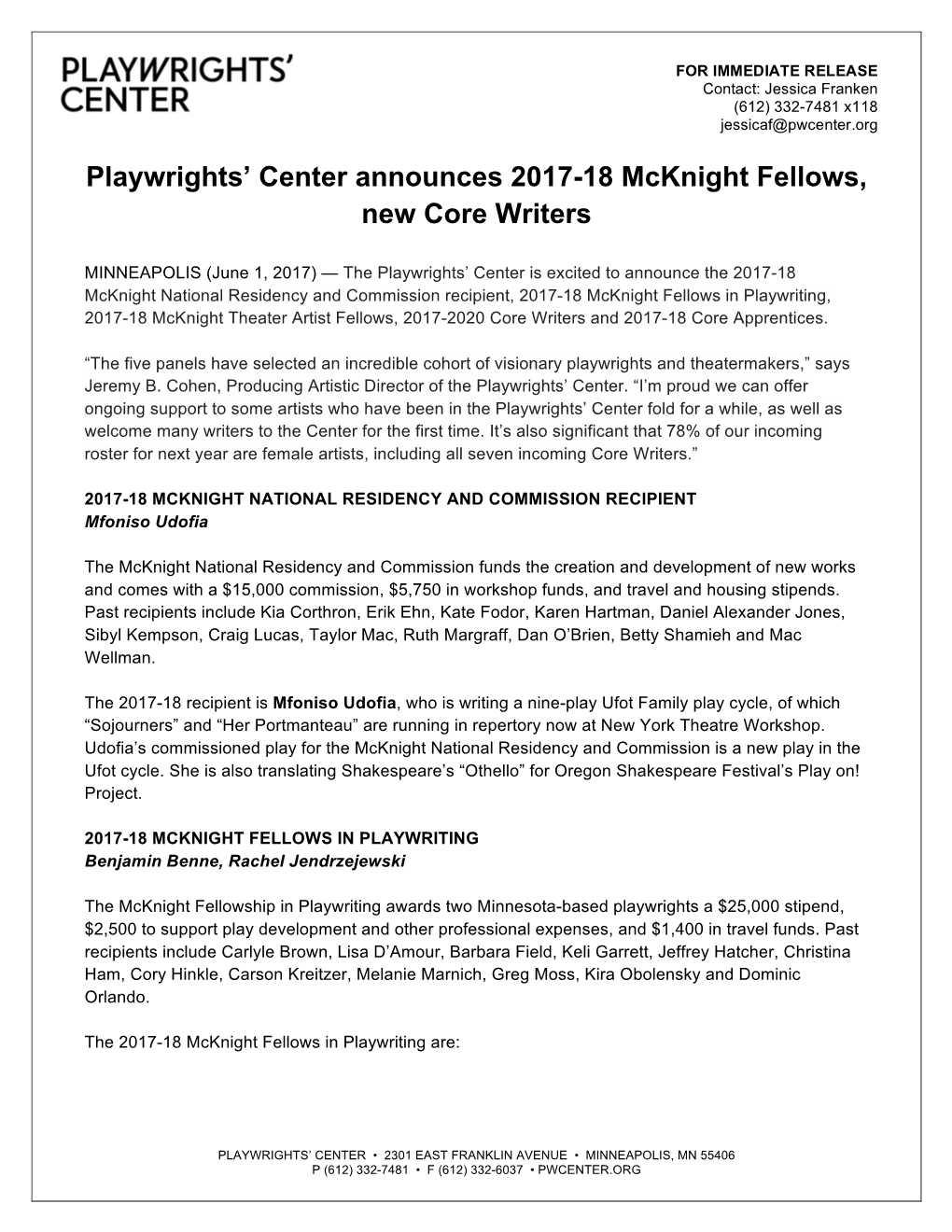 Playwrights' Center Announces 2017-18 Mcknight Fellows, New