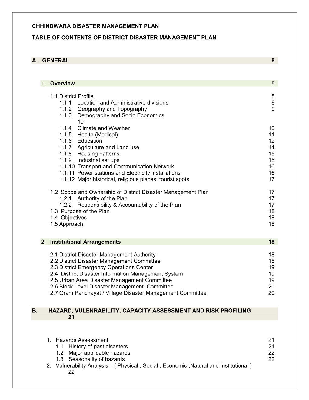 Chhindwara Disaster Management Plan Table Of