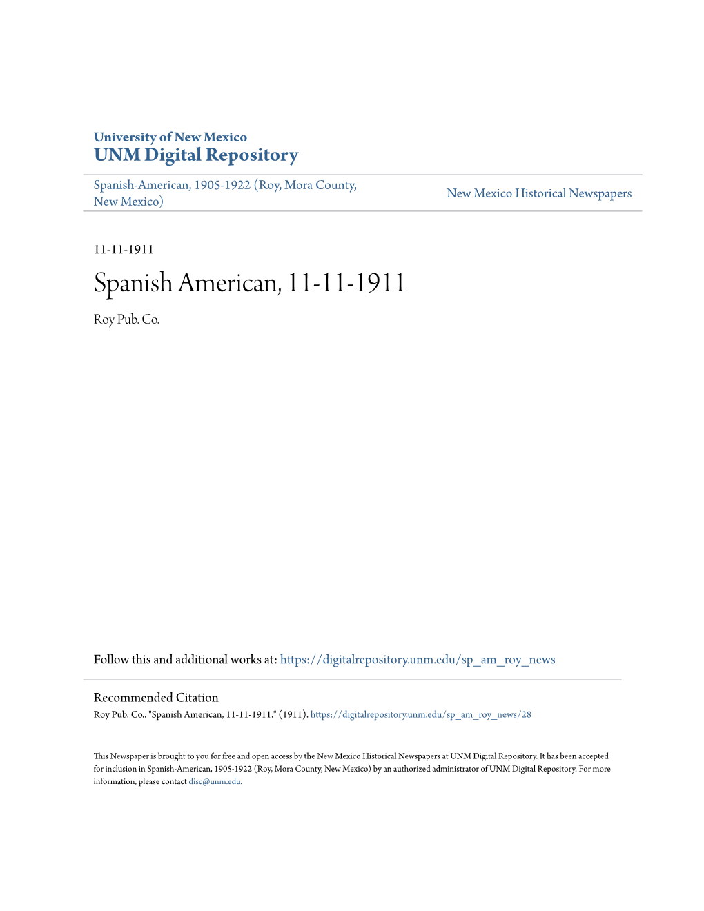 Spanish American, 11-11-1911 Roy Pub
