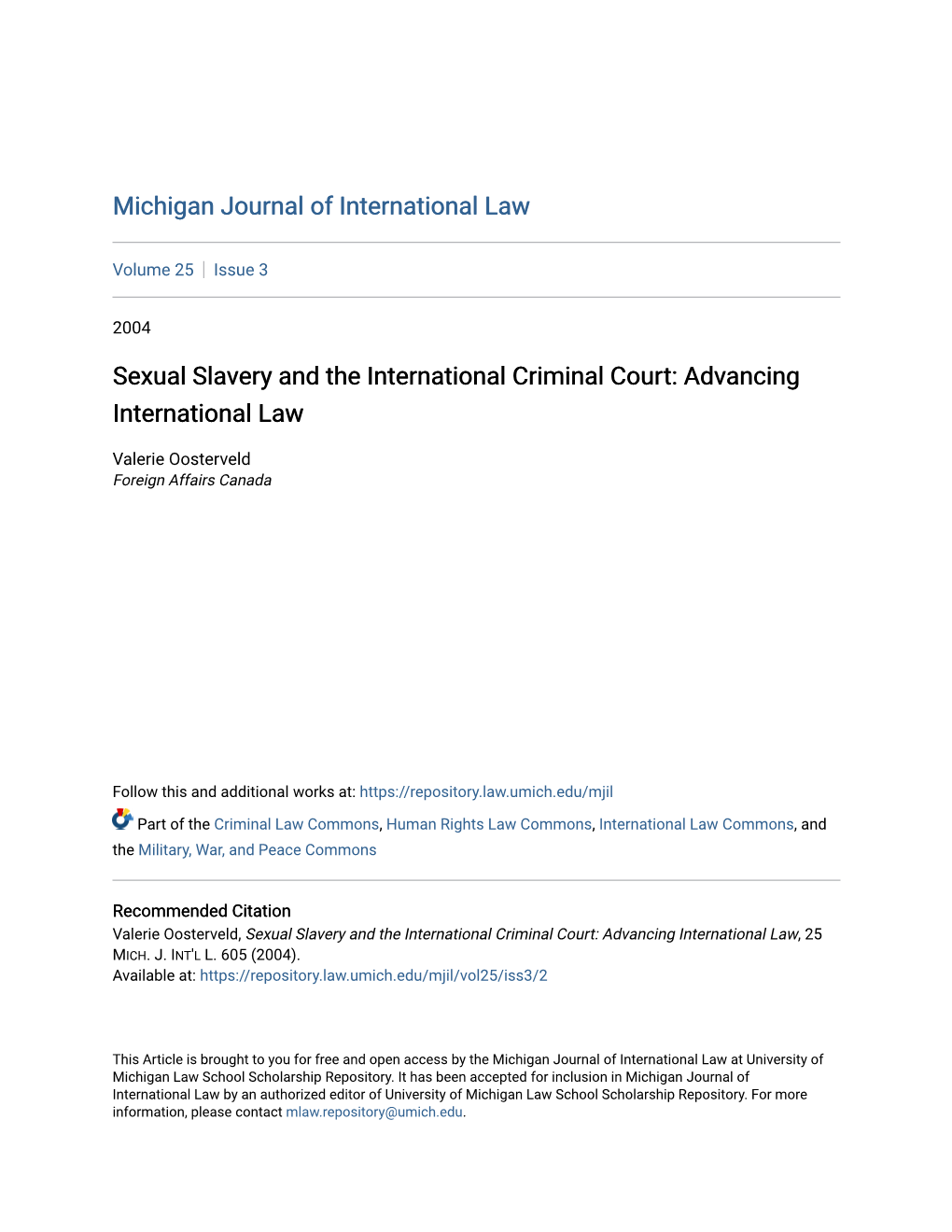 Sexual Slavery and the International Criminal Court: Advancing International Law