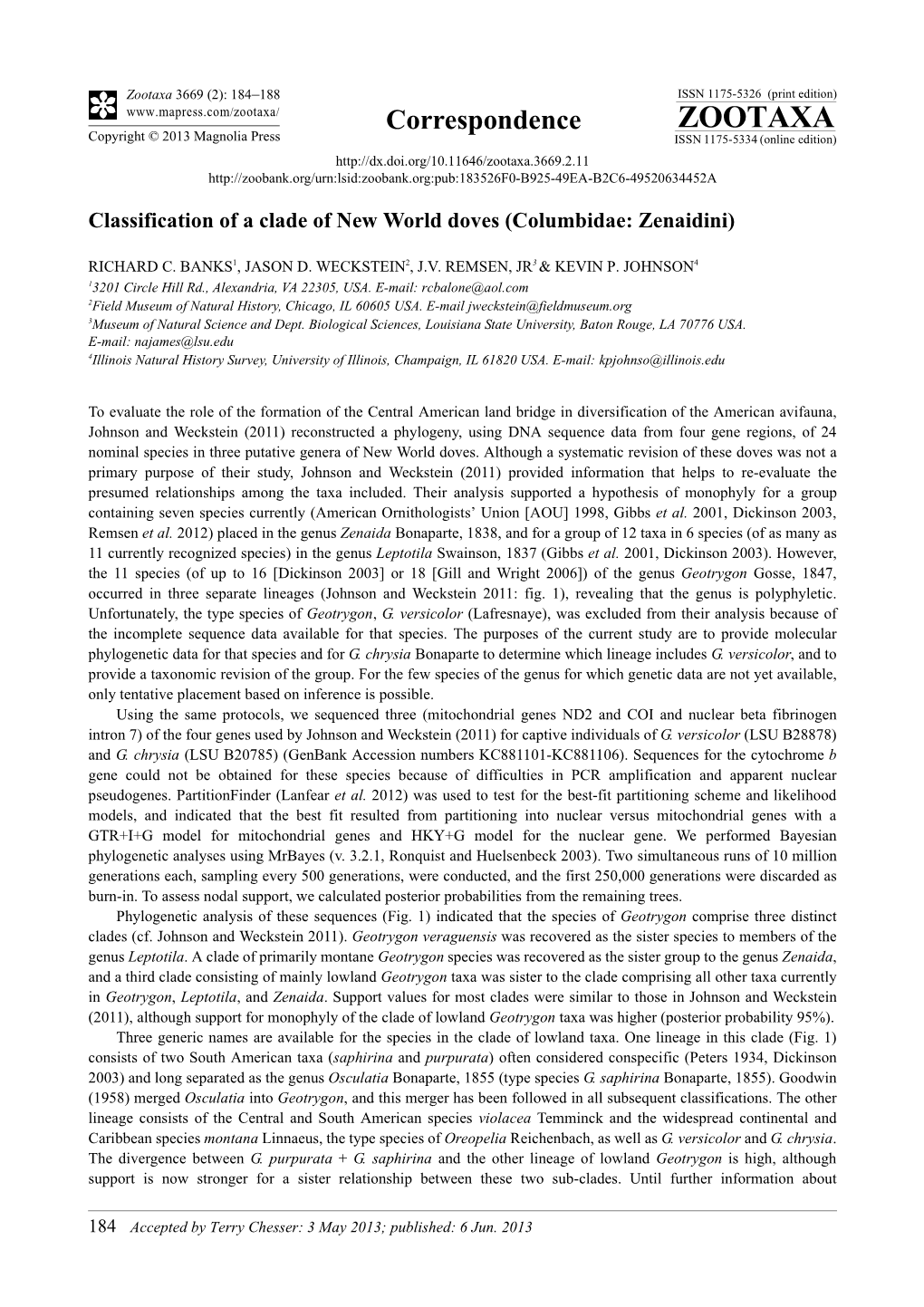 Classification of a Clade of New World Doves (Columbidae: Zenaidini)