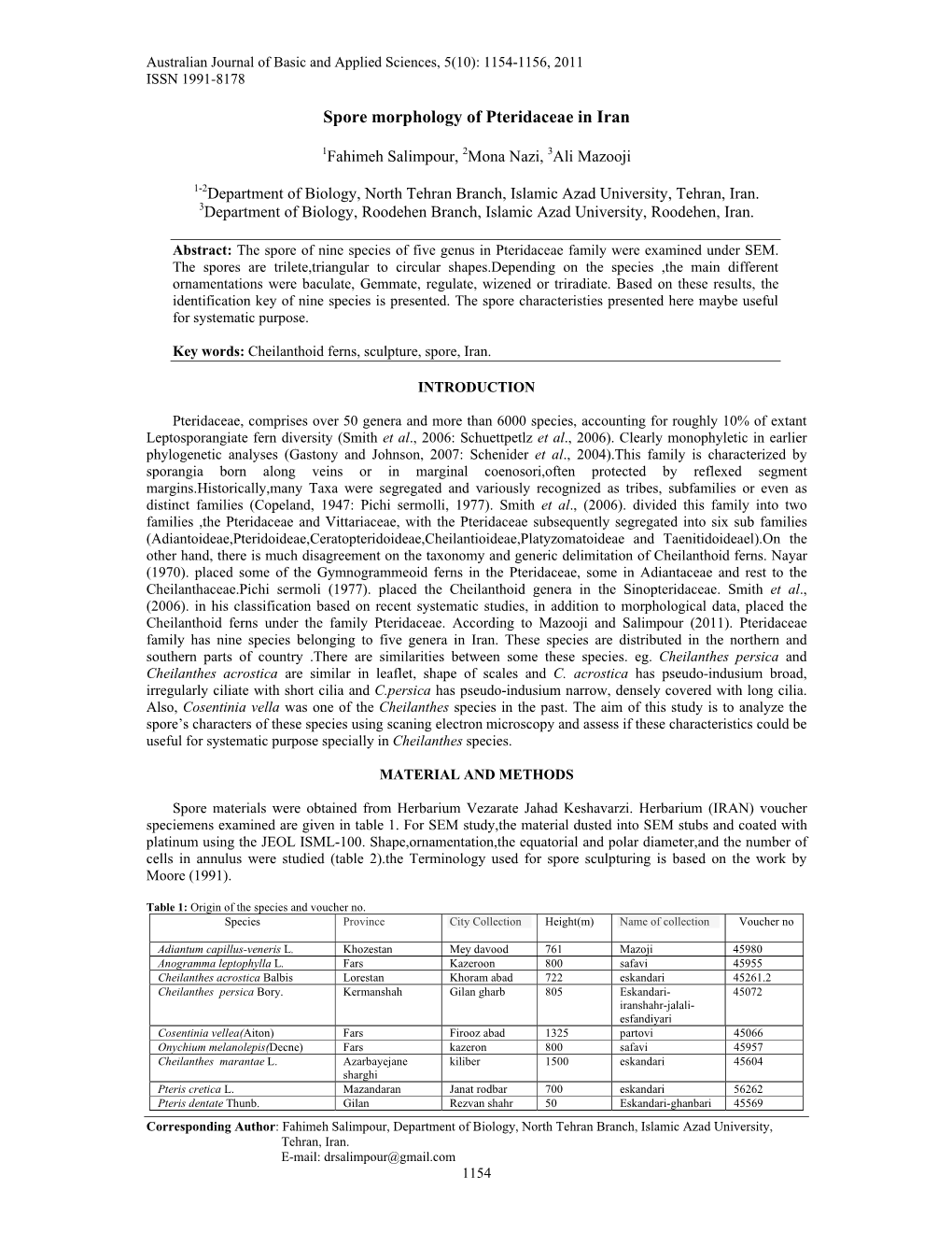 Spore Morphology of Pteridaceae in Iran