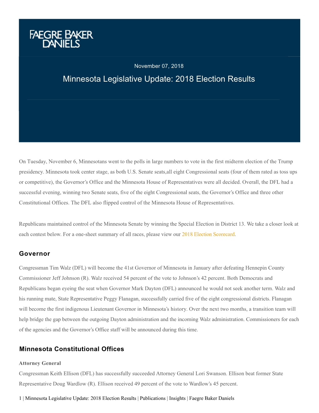 Minnesota Legislative Update: 2018 Election Results