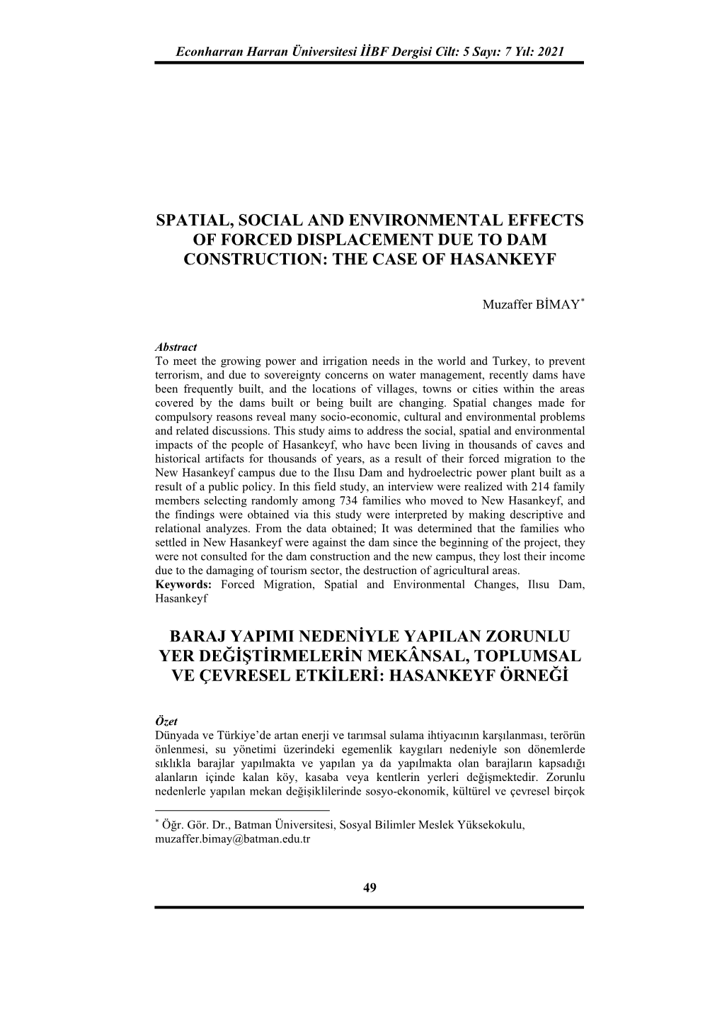Spatial, Social and Environmental Effects of Forced Displacement Due to Dam Construction: the Case of Hasankeyf