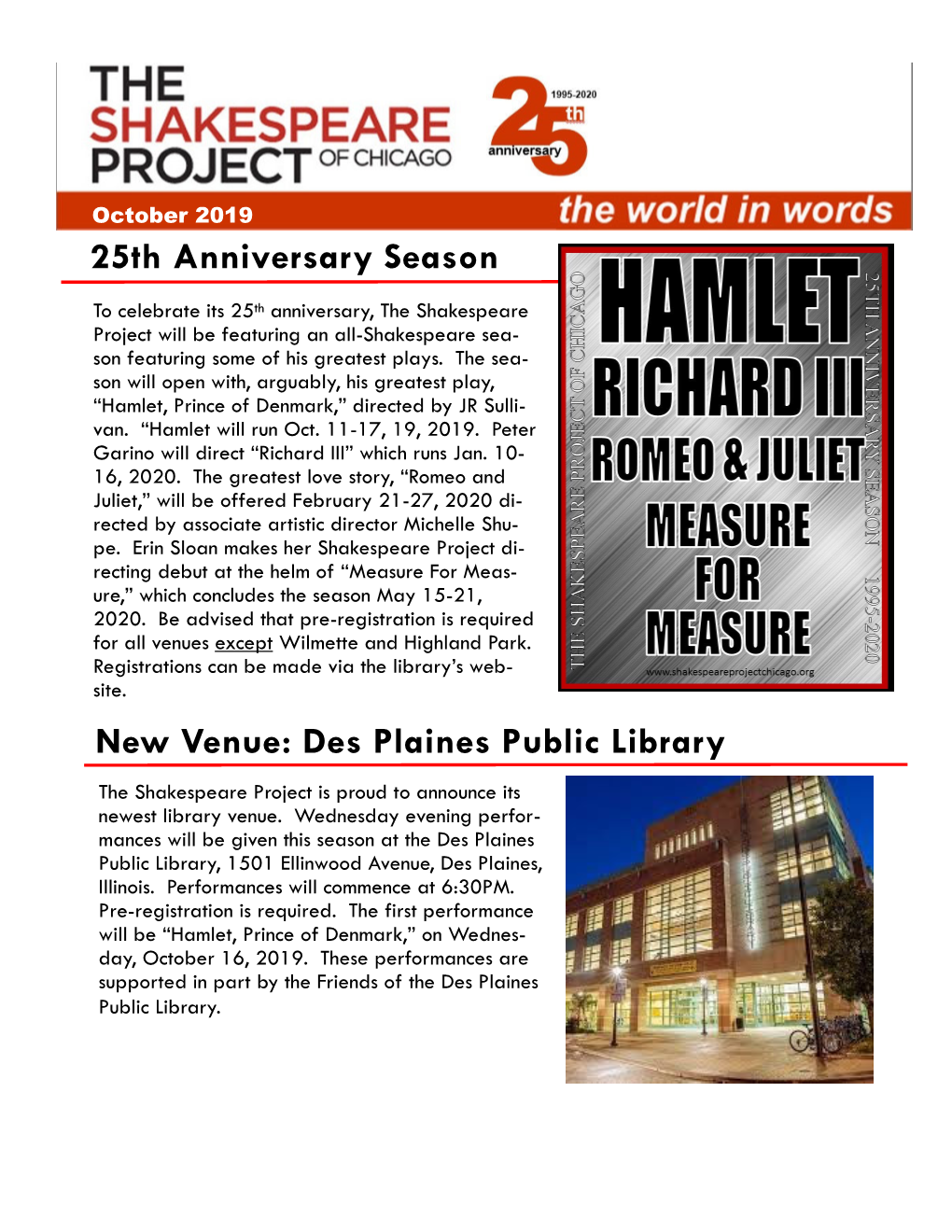 25Th Anniversary Season New Venue: Des Plaines Public Library