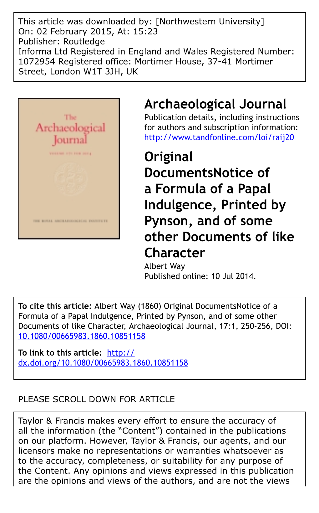 Archaeological Journal Original Documentsnotice of a Formula of A