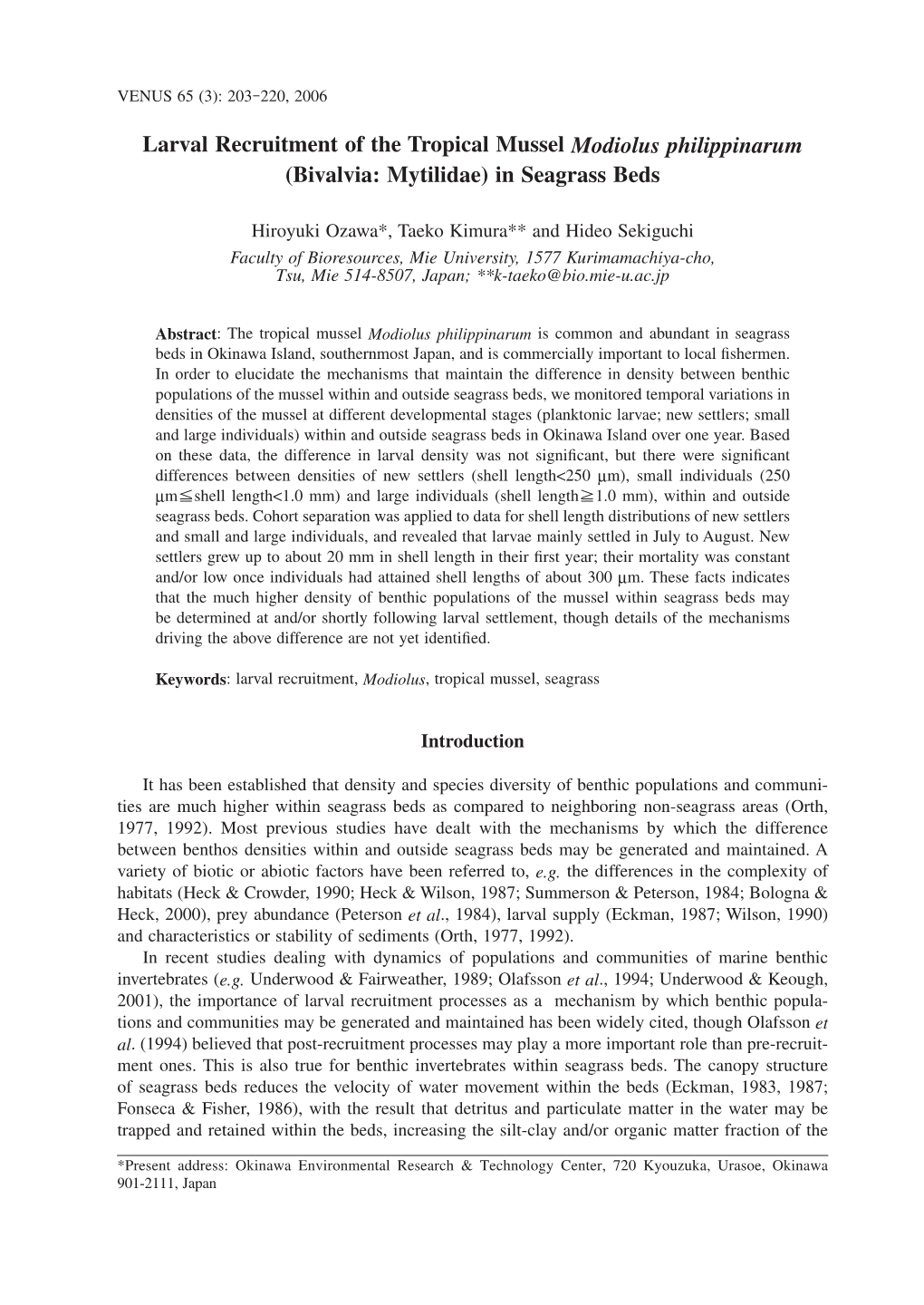 Larval Recruitment of the Tropical Mussel Modiolus Philippinarum (Bivalvia: Mytilidae) in Seagrass Beds