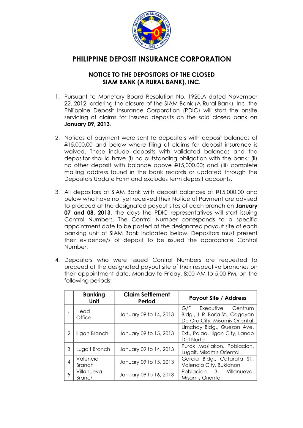 Notice to the Depositors of the Closed Siam Bank (A Rural Bank), Inc