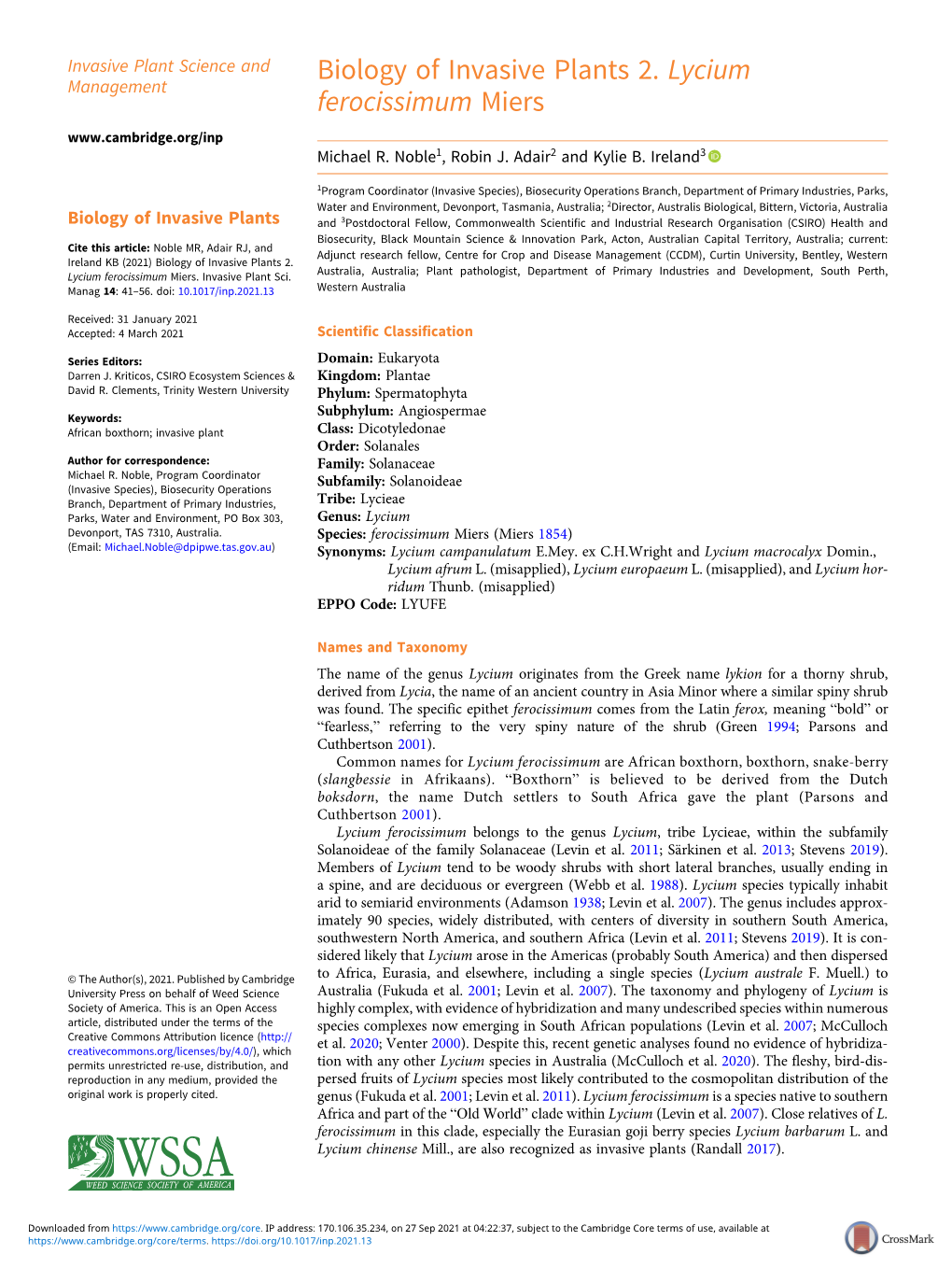 Biology of Invasive Plants 2. Lycium Ferocissimum Miers