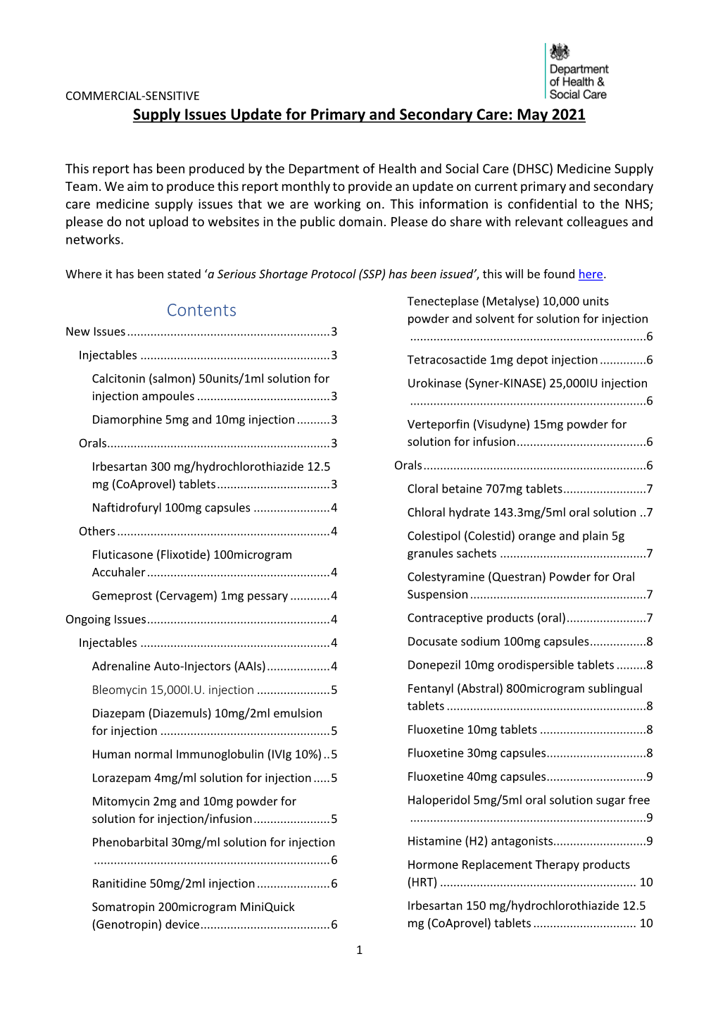 Supply Issues Update for Primary and Secondary Care: May 2021