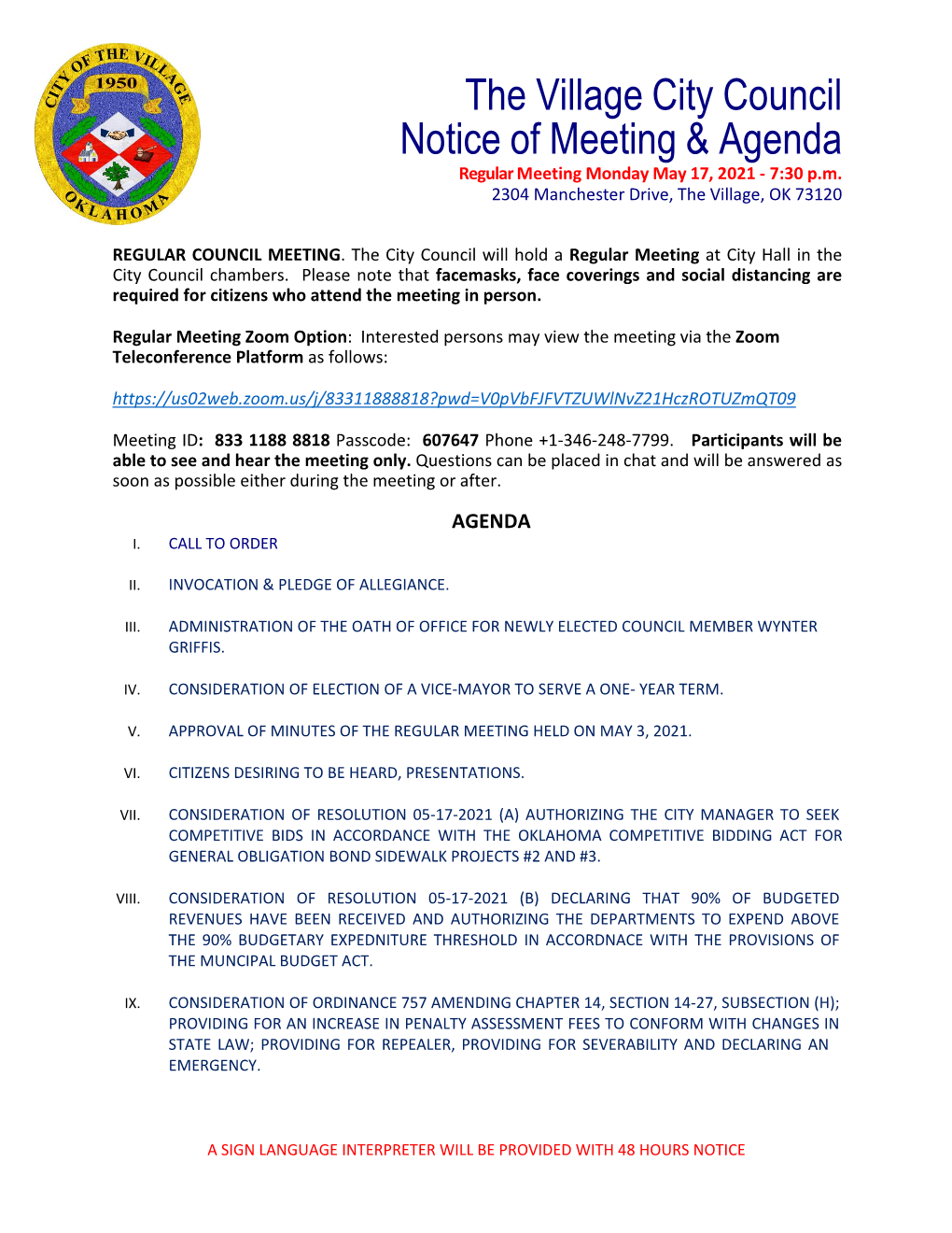 The Village City Council Notice of Meeting & Agenda