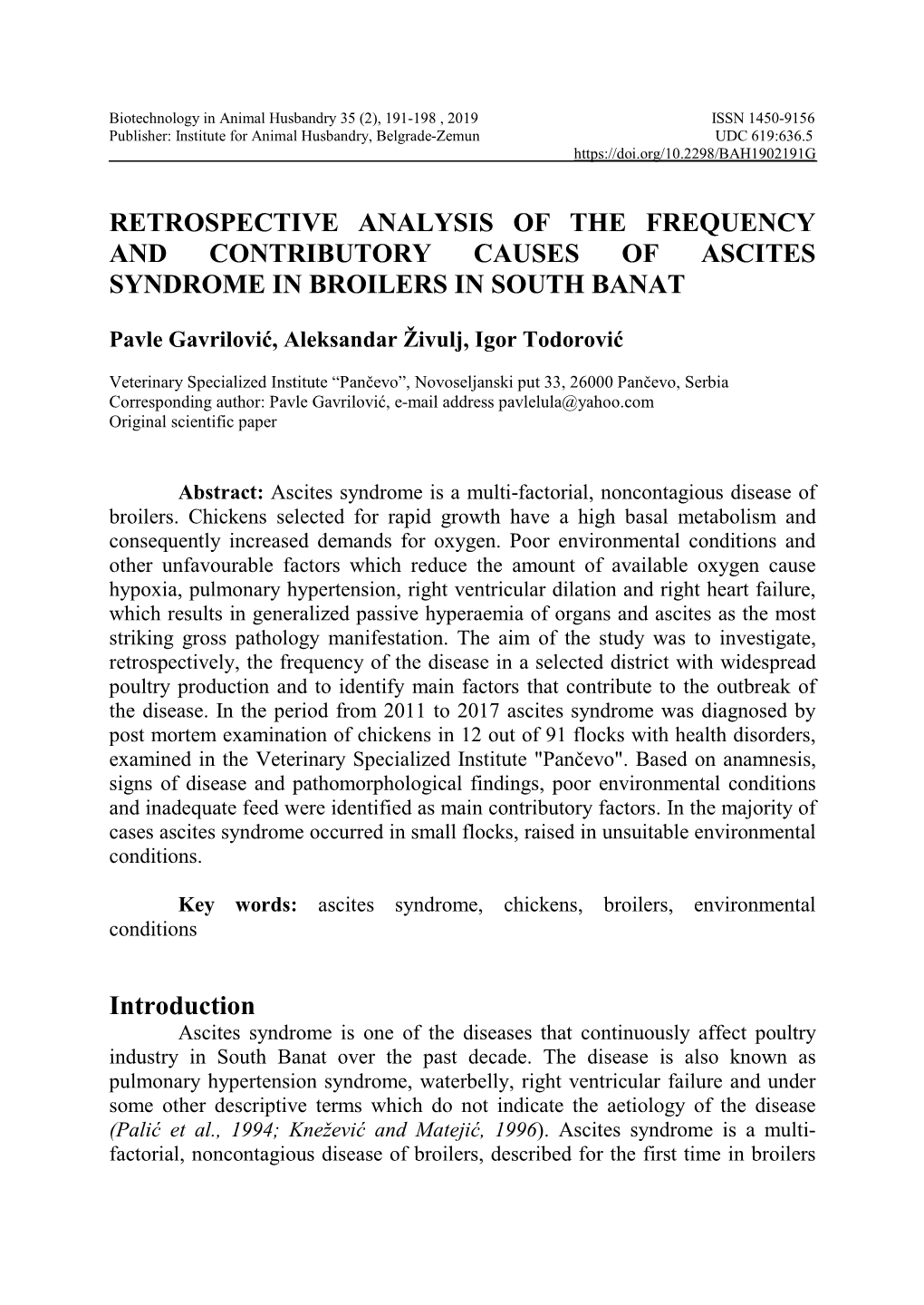 Retrospective Analysis of the Frequency and Contributory Causes of Ascites Syndrome in Broilers in South Banat