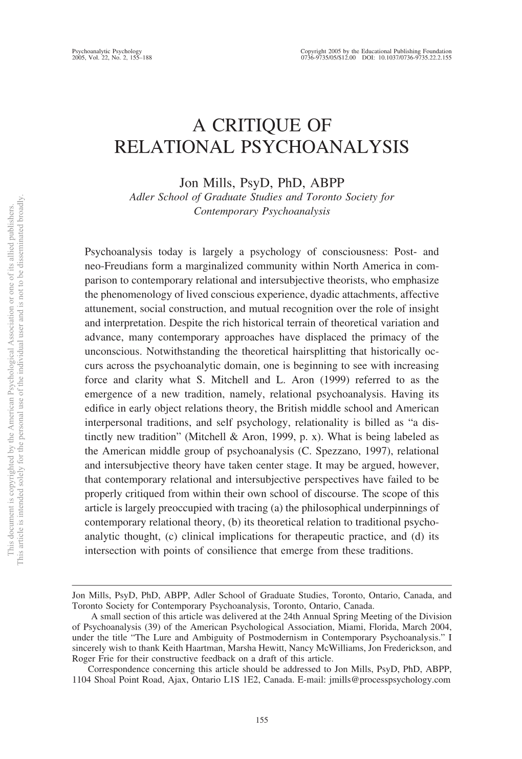 A Critique of Relational Psychoanalysis