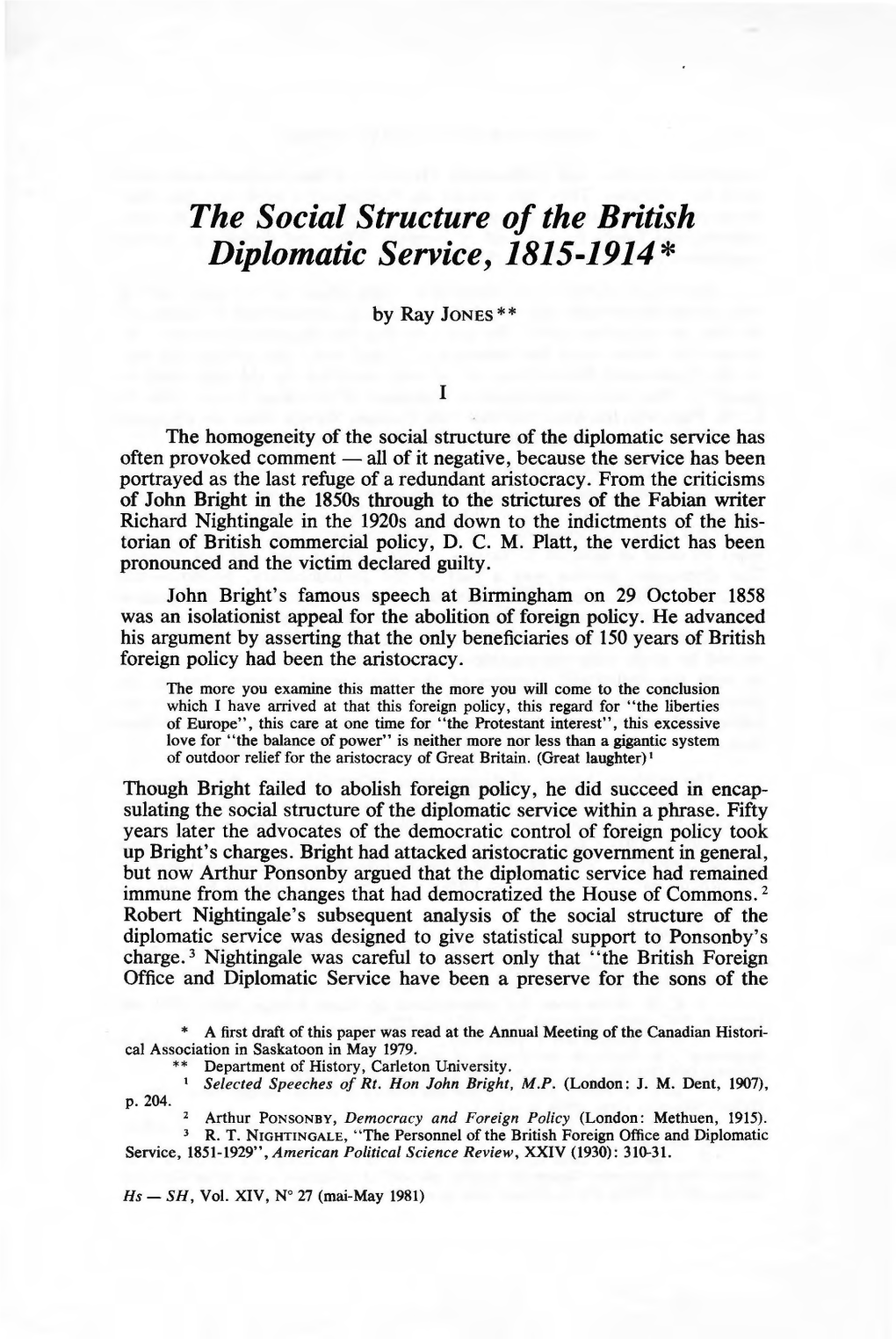 The Social Structure of the British Diplomatic Service, 1815-1914*