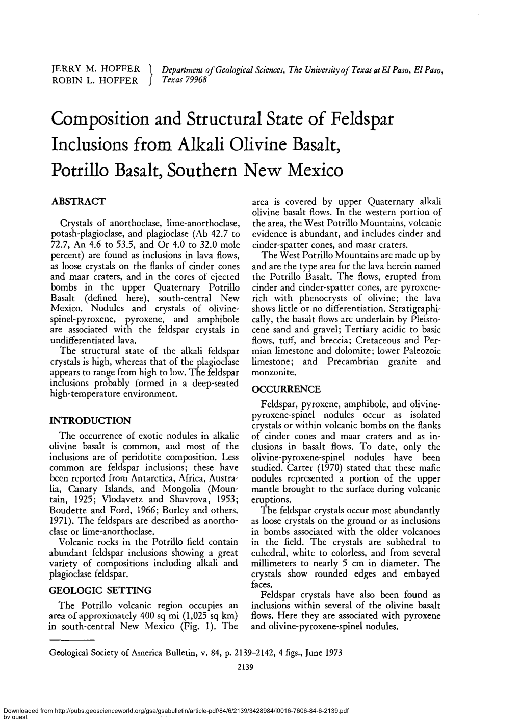 Composition and Structural State of Feldspar Inclusions from Alkali Olivine Basalt, Potrillo Basalt, Southern New Mexico