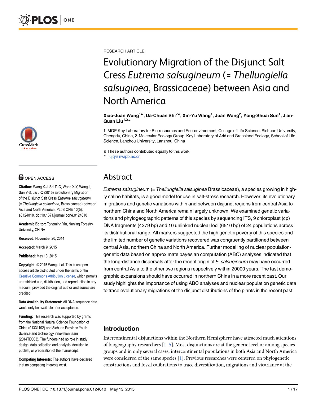 Evolutionary Migration of the Disjunct Salt Cress Eutrema Salsugineum (= Thellungiella Salsuginea, Brassicaceae) Between Asia and North America
