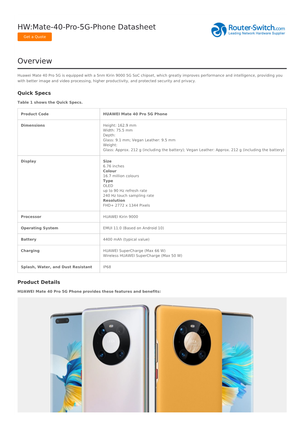 HW:Mate-40-Pro-5G-Phone Datasheet Overview