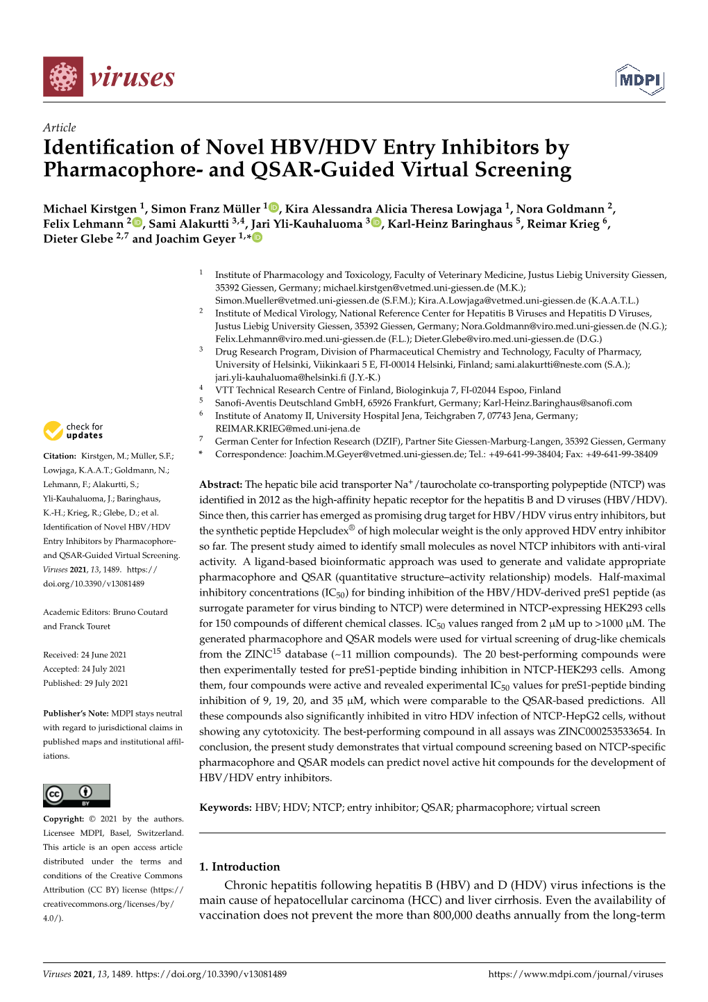 Identification of Novel HBV/HDV Entry Inhibitors by Pharmacophore