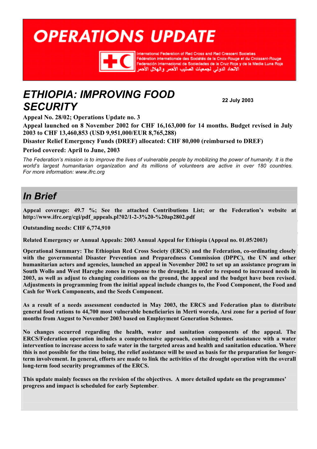 IFRC-Ethiopia Food Security (Appeal 2802)-Operations Update