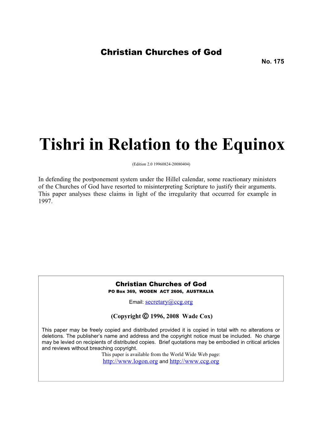 Tishri in Relation to the Equinox (No. 175)