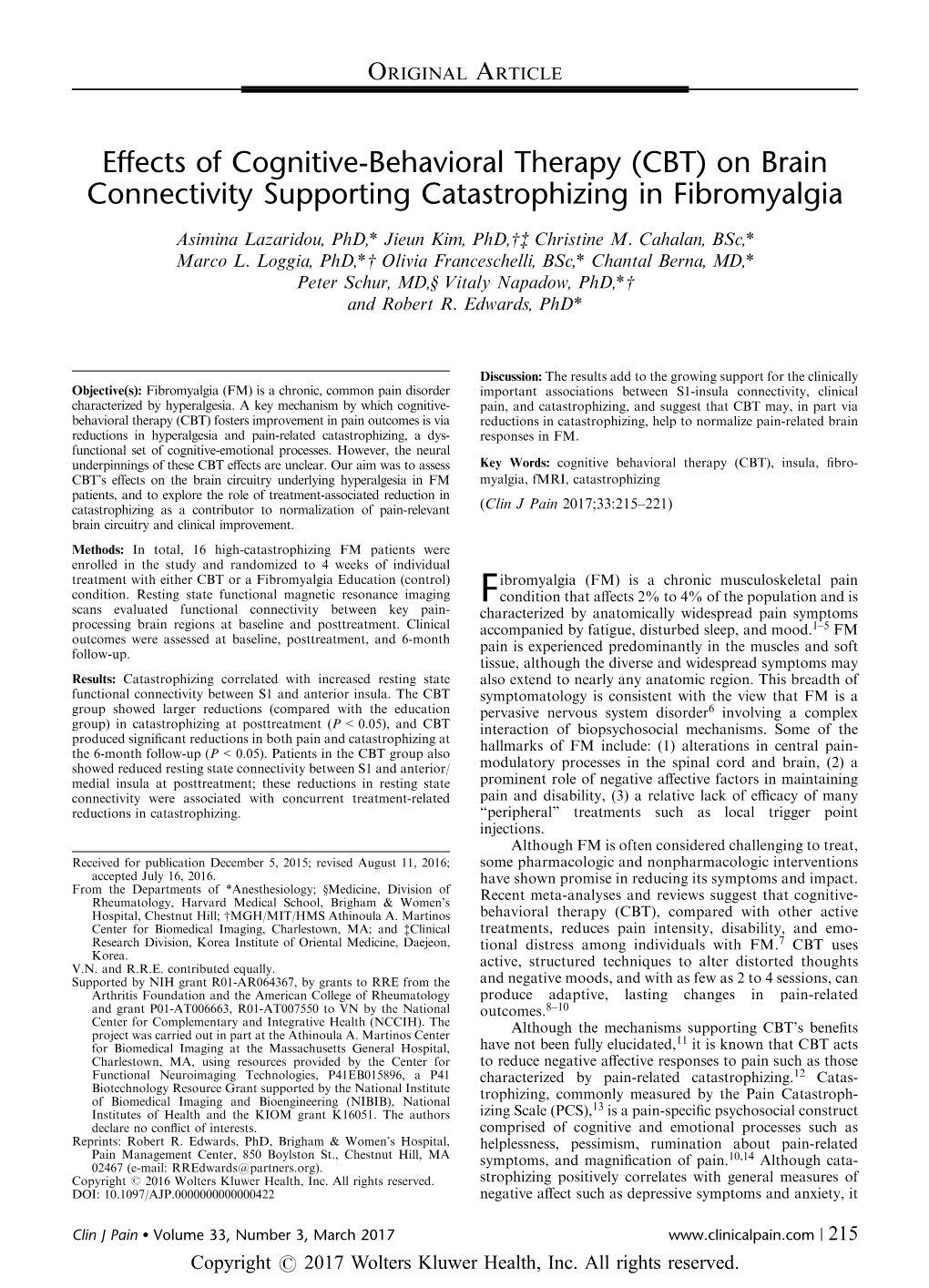 Effects of Cognitive-Behavioral Therapy (CBT) on Brain Connectivity Supporting Catastrophizing in Fibromyalgia