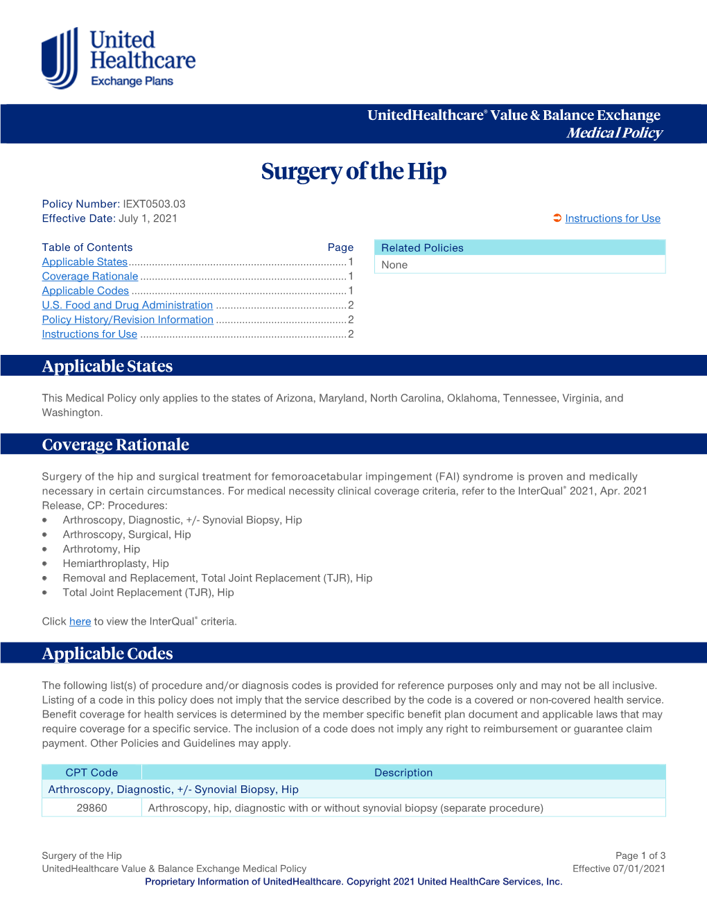 Surgery of the Hip – Value & Balance Exchange Medical Policy