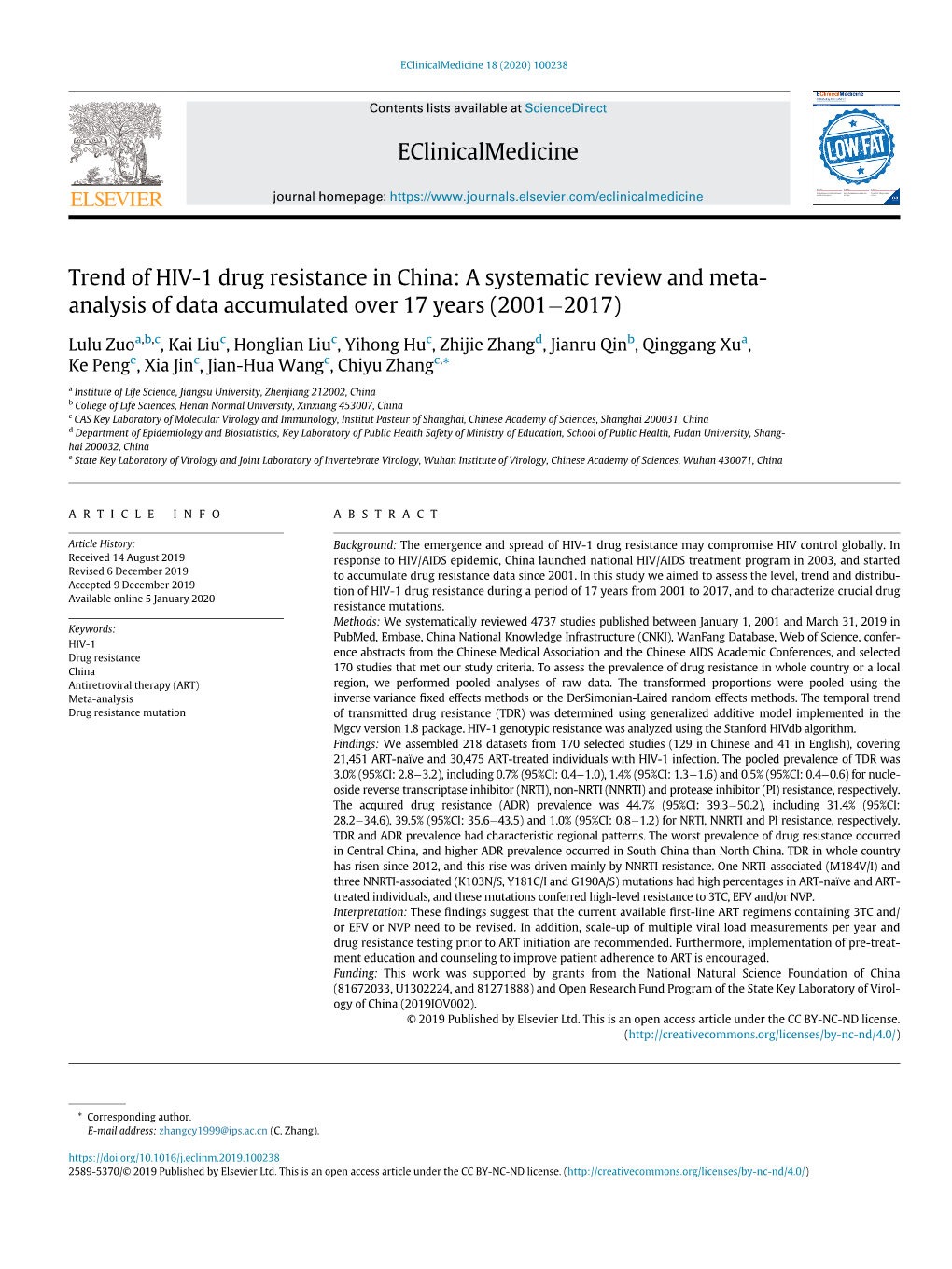 Trend of HIV-1 Drug Resistance in China: a Systematic Review and Meta- Analysis of Data Accumulated Over 17 Years (2001À2017)