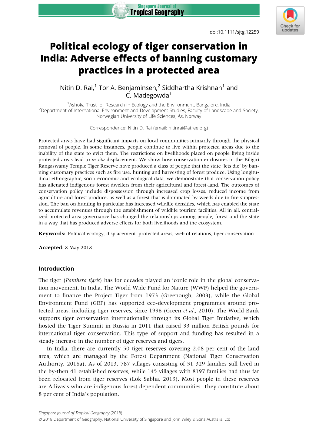 Political Ecology of Tiger Conservation in India: Adverse Effects of Banning Customary Practices in a Protected Area