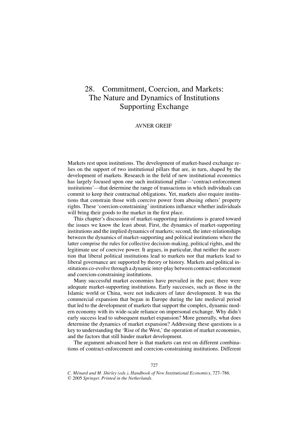 28. Commitment, Coercion, and Markets: the Nature and Dynamics of Institutions Supporting Exchange