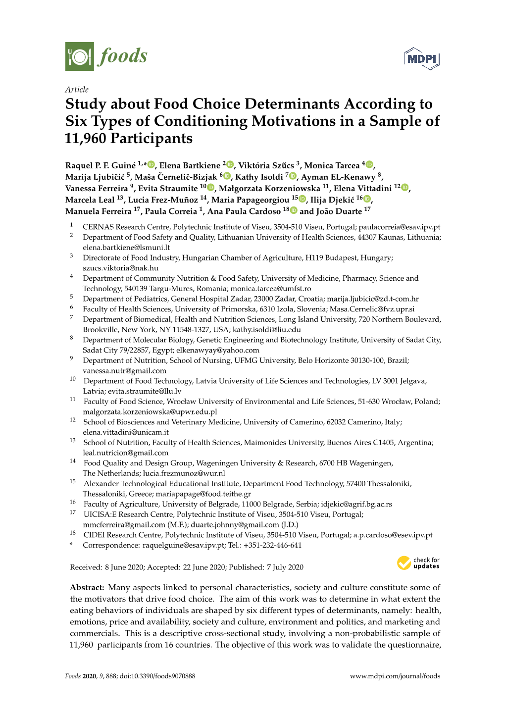 Study About Food Choice Determinants According to Six Types of Conditioning Motivations in a Sample of 11,960 Participants