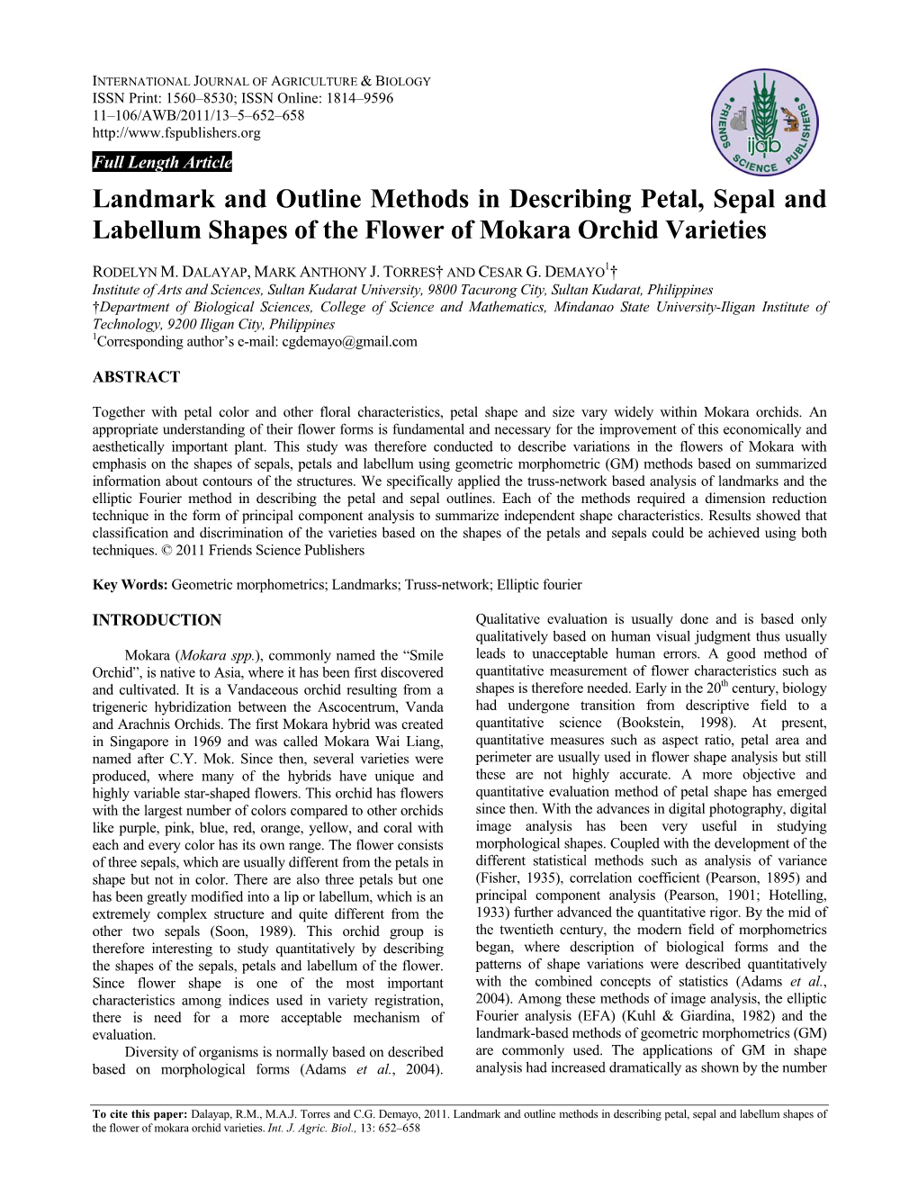 Landmark and Outline Methods in Describing Petal, Sepal and Labellum Shapes of the Flower of Mokara Orchid Varieties