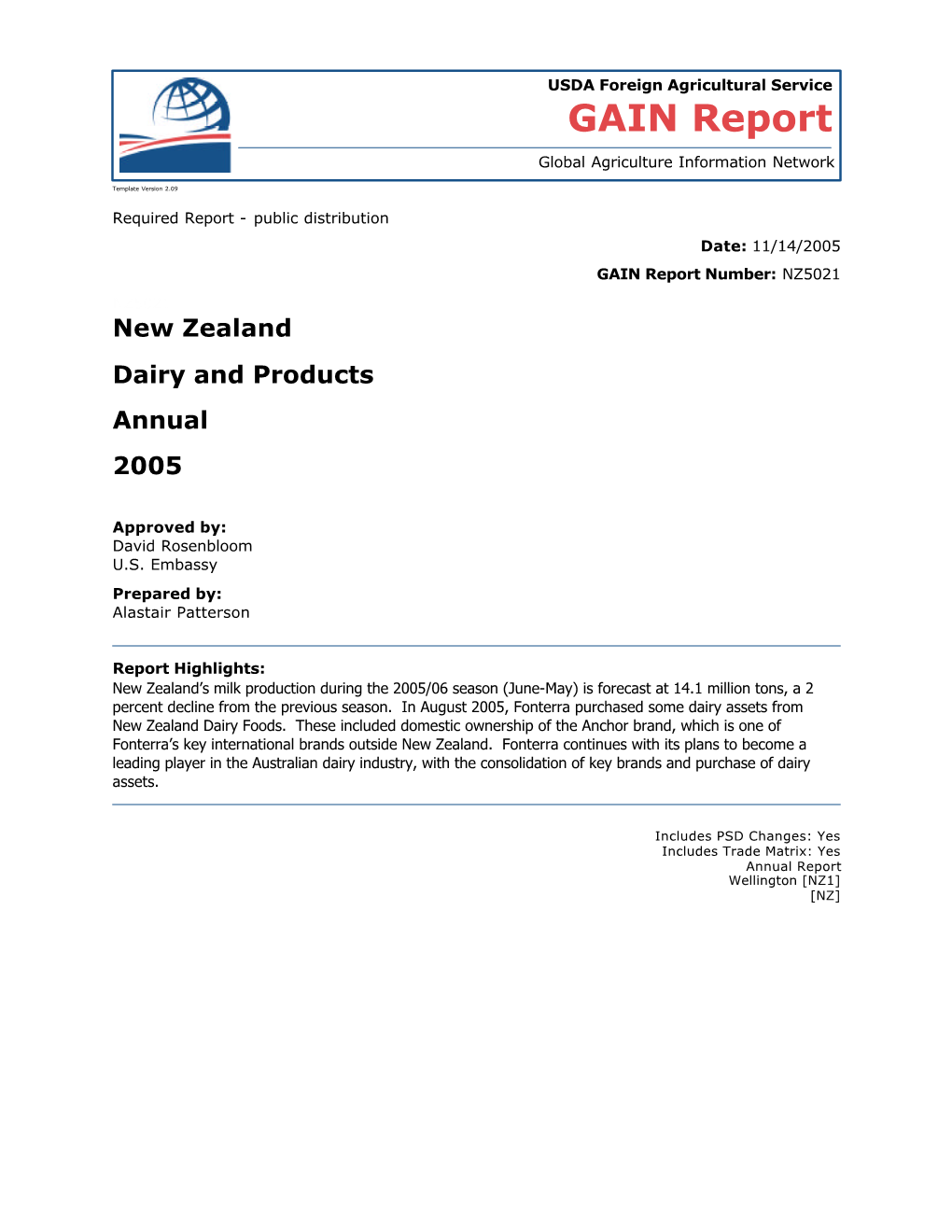 New Zealand Dairy and Products Annual 2005