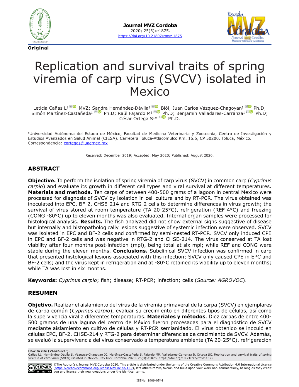 Replication and Survival Traits of Spring Viremia of Carp Virus (SVCV) Isolated in Mexico