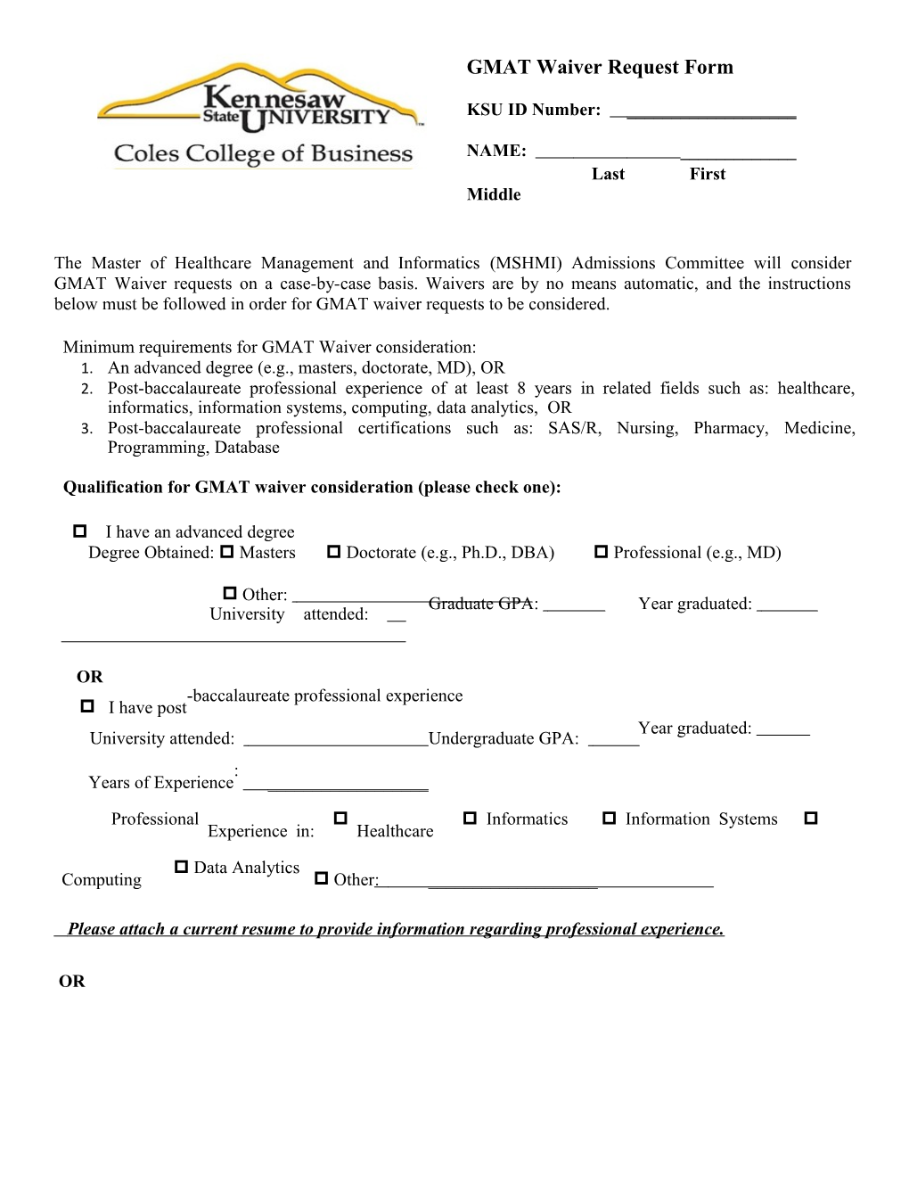 Minimum Requirements for GMAT Waiver Consideration