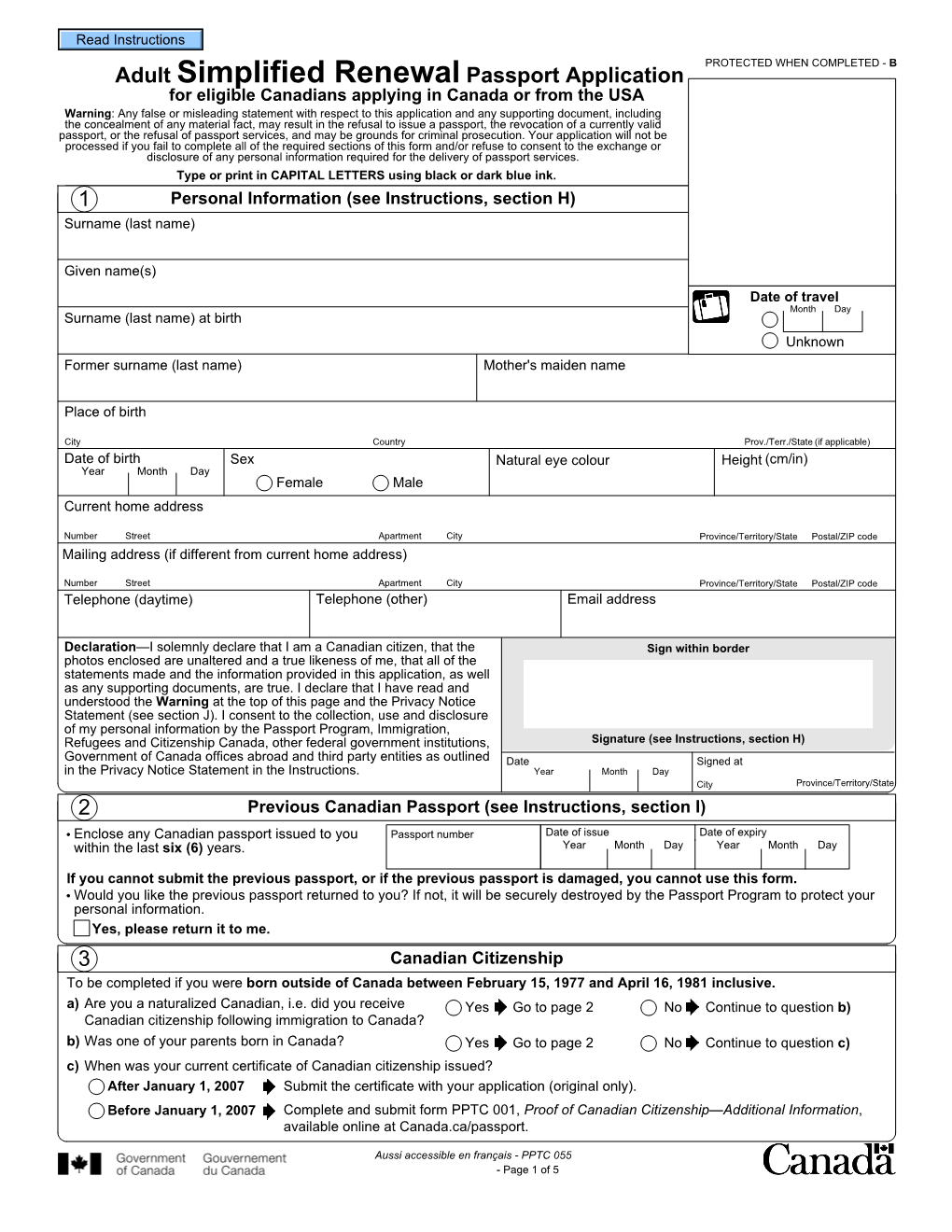 Adult Simplified Renewal Passport Application