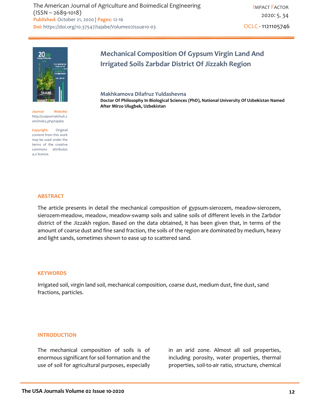 Mechanical Composition of Gypsum Virgin Land and Irrigated Soils Zarbdar District of Jizzakh Region